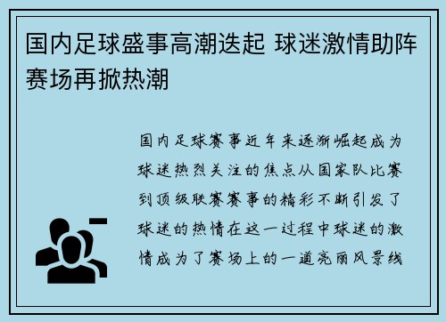 国内足球盛事高潮迭起 球迷激情助阵赛场再掀热潮
