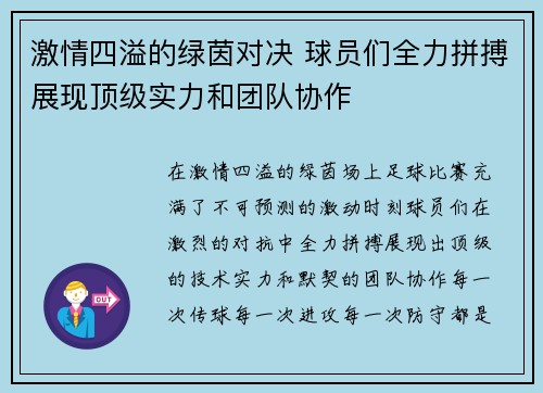 激情四溢的绿茵对决 球员们全力拼搏展现顶级实力和团队协作